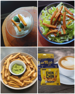 Food Collage of Chin Chin used as a topping for ice cream & salad; can be dipped into avocado and had with coffee.